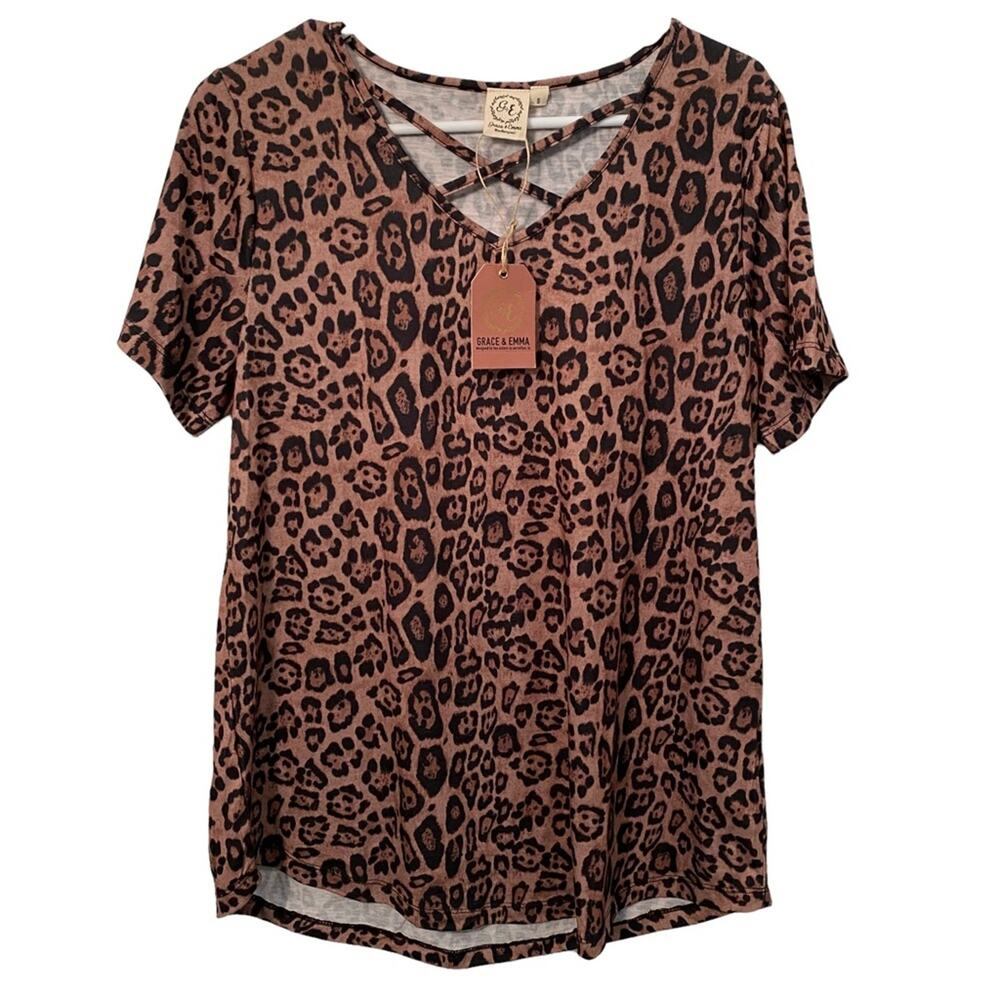 Grace & Emma shirt Leopard Animal Print & Flirty cross cross Top NWT S